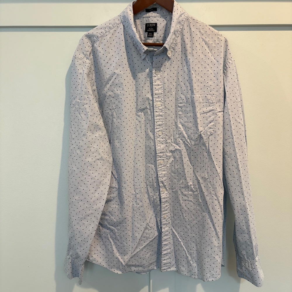 J.Crew Flex Washed Button Down Shirt Men XXL Slim Fit Blue Polka Dot Casual Work